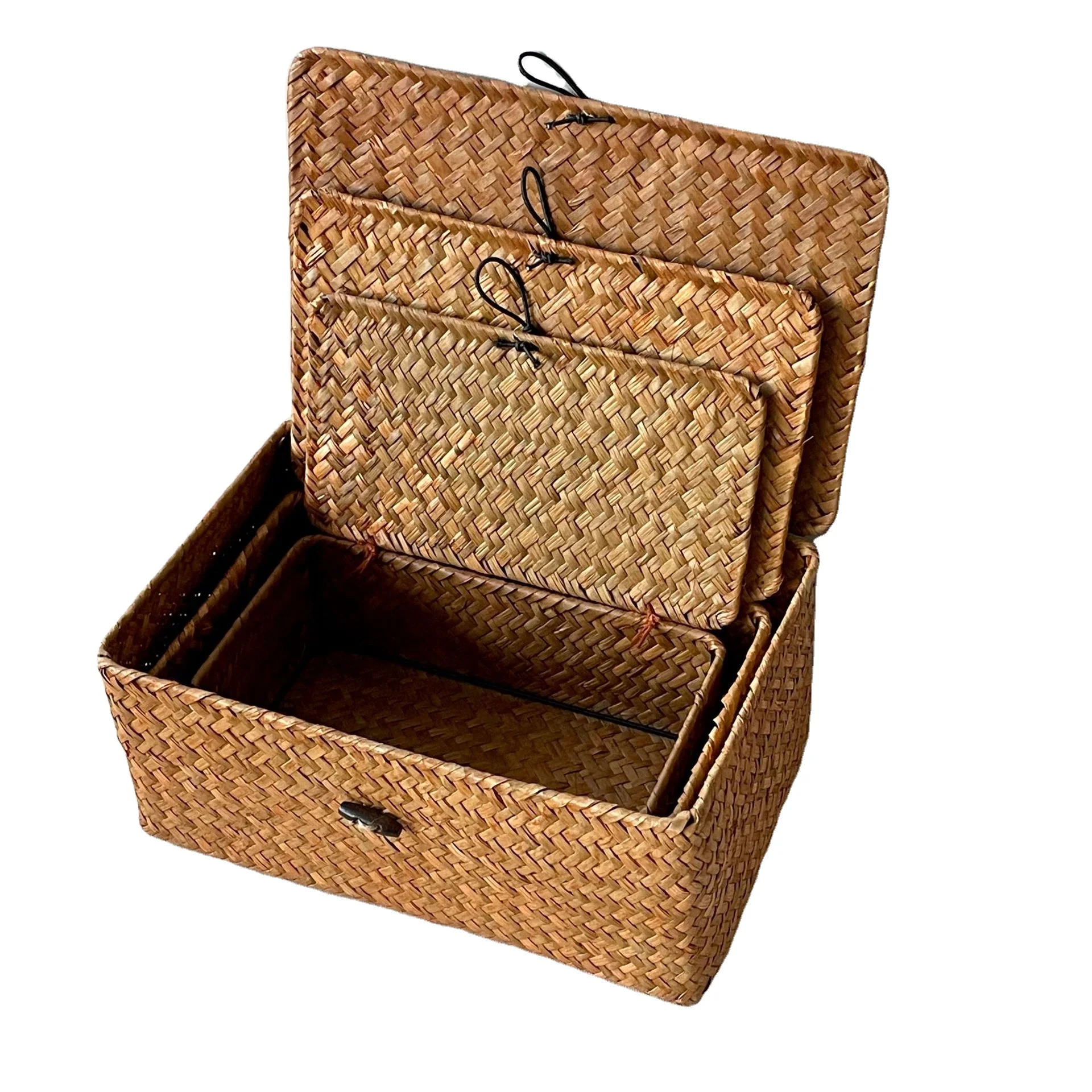 Rectangular Desktop Storage Box Hand Woven Storage Basket Rattan Wicker Basket for Sundries Clothes Container Desktop Organizer