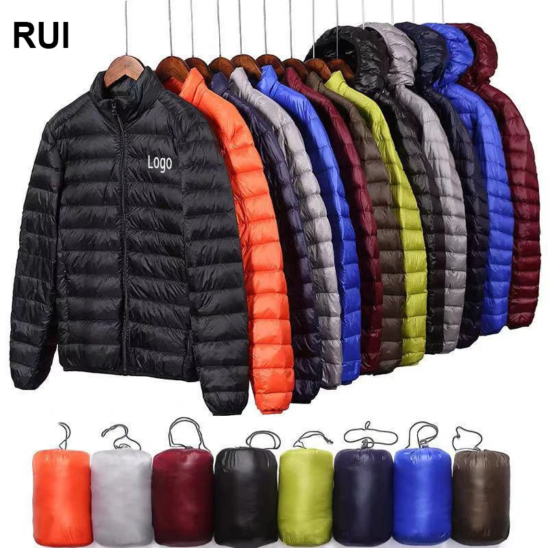 RUIQUWIN Wholesale Light Warm Custom Logo Nylon Black Hooded Winter Puff Filled Down Puffer Jackets Coat For Men