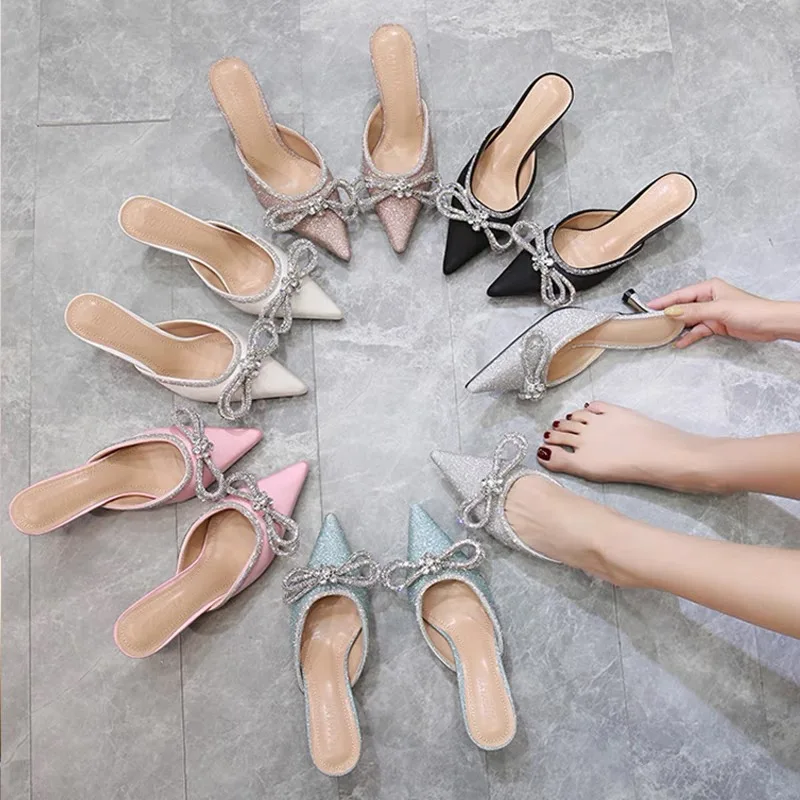 Pumps Shoes Diamond Rhinestone Fashion Sexy Big Bow Kitten Heels for Women Green and Silver Sandal Heels Elegant Heels PU 1 Pair