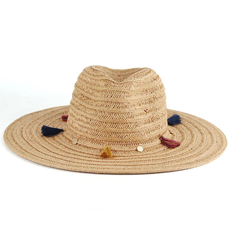 Beach Day UPF50+ Womens Adjustable Multicolor Woven Pattern Wide Brim Fedora Hat Straw Sun Hat with Tassel Belt