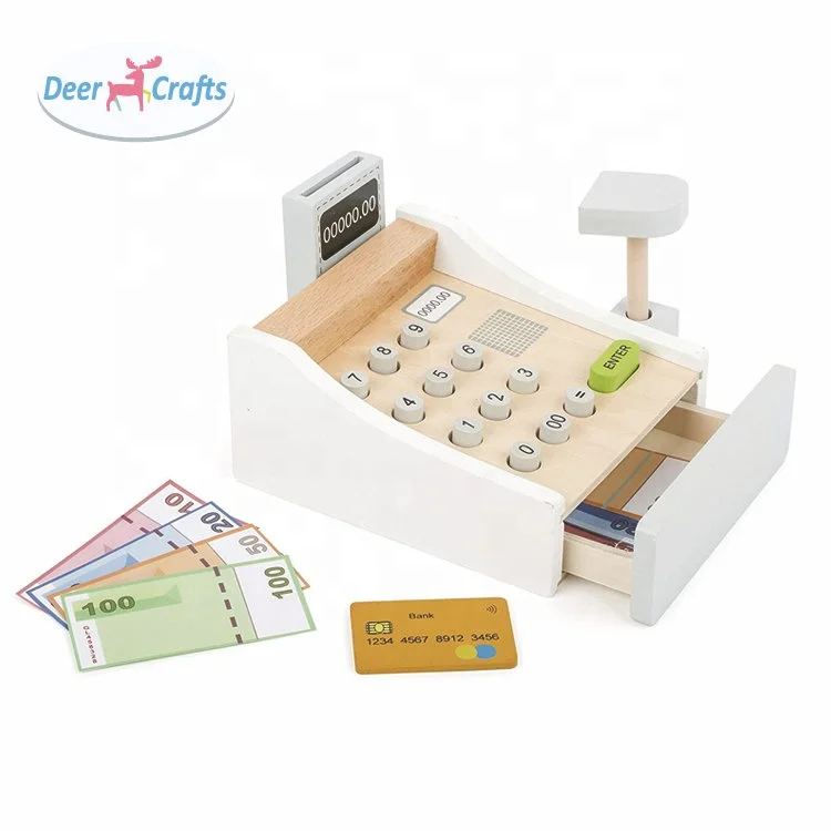 New interactive wooden kids pretend play toy cash register with display screen DD10468