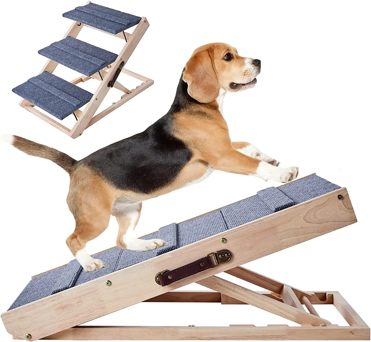 2-in-1 Wooden Dog Ramp Dog Stairs Height Adjustable Pet Ramp Folding Portable Pet Stairs For Bed Couch And Car Use