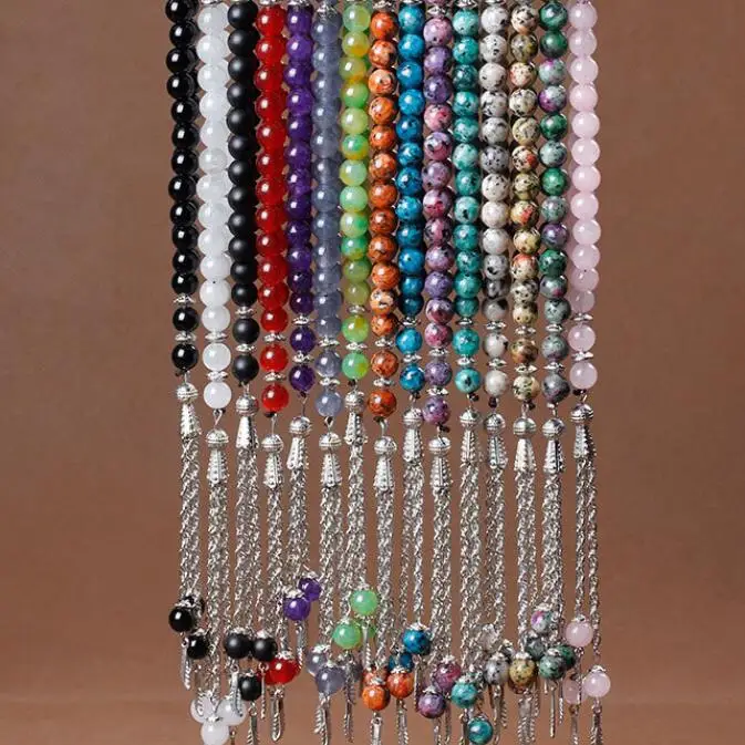 Muslim Rosary 33 Beads Natural Stone Agate Rose Quartz Crystal Malachite Tassel Tasbih Prayer Beads