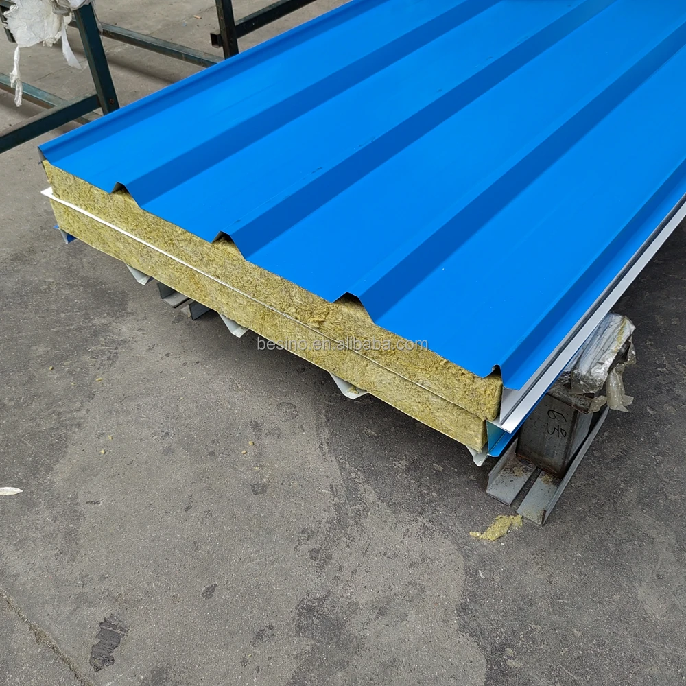 Rock Wool Products Fireproof Sandwich Panel Color Steel Insulation Rock Wool Sandwich Panel Corrugated Prefab Warehouse