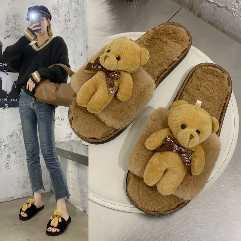 INS Cartoon Influence Wool Slippers For Women To Wear Outside Home Indoor Anti Skid Bear Slippers In Autumn And Winter