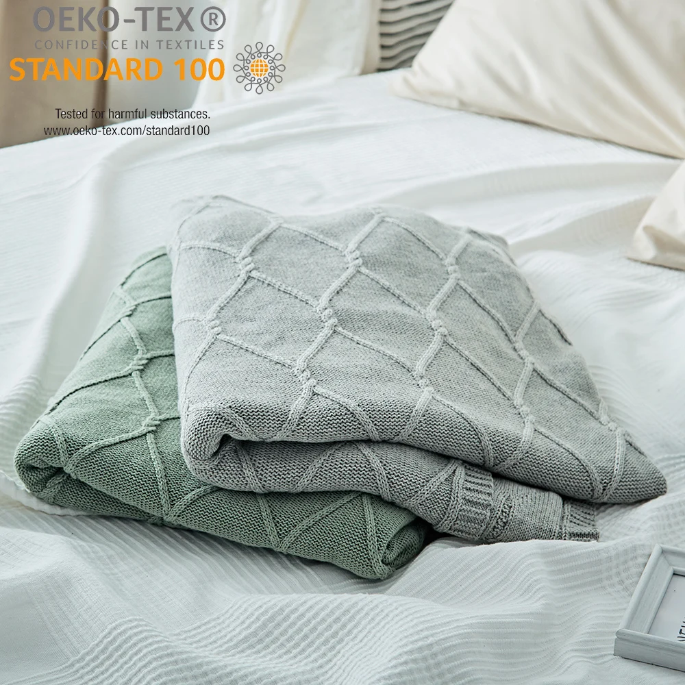 Ags Oeko-tex Soft Knitted 100% Cotton Crochet Throw Cable Knitted Adult Sofa Blanket for Home Decoration