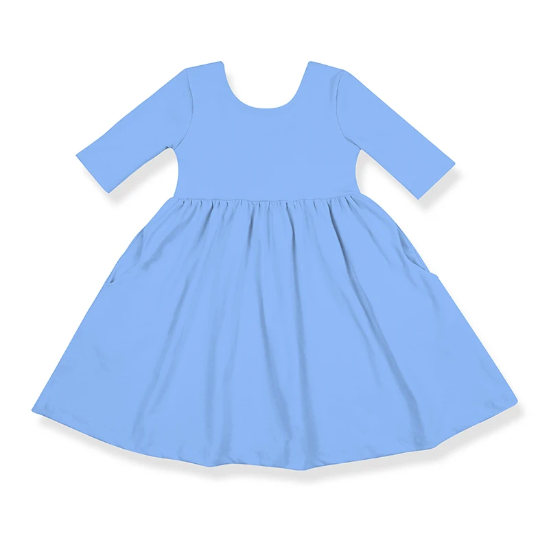 Baby Girls Soft Knit Cotton Casual Scoop Back Dress Three Quarters Solid Color Rib Cotton Hidden Pocket Dresses