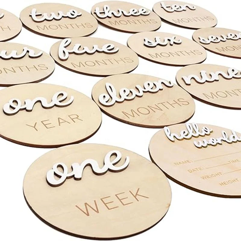 Set of 14 pcs 3D Wooden Monthly Milestone Marker Cards with Hello World Newborn Pregnancy Announcement Sign