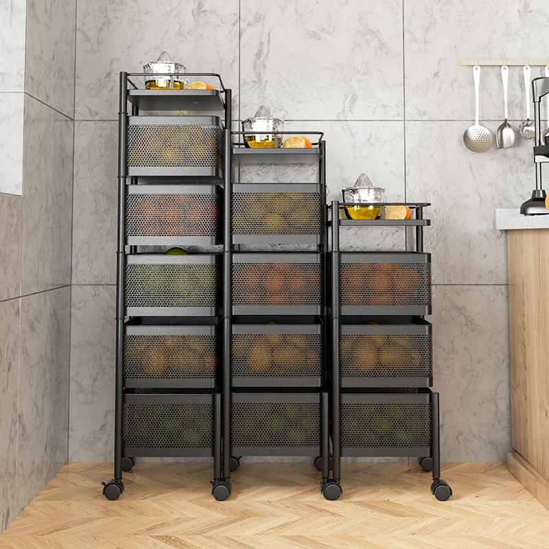 Sturdy Kitchen 3/4/5 Tier Stackable Metal Wire Storage Organizer Fruit Vegetable Rotating Baskets with Rolling Wheels