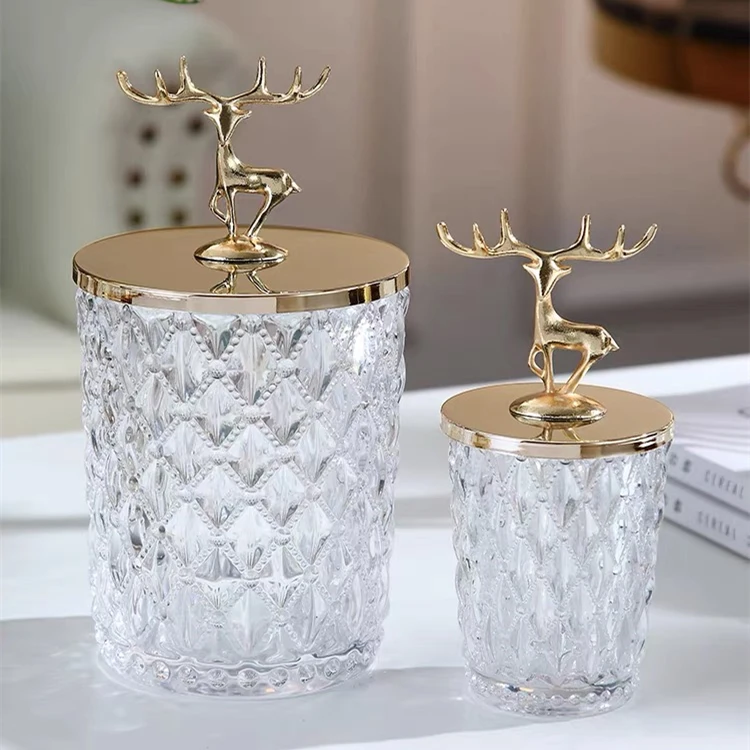 North European and American style metal deer head crystal glass decoration candy storage box food container cheap glass jars