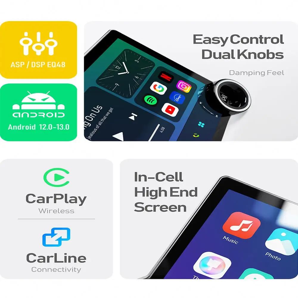 10.33' Universal Car Android Display Touch Screen Car Dvd Player Double Din Auto Stereo Diamond 2k Android Car Radio Dual Knob