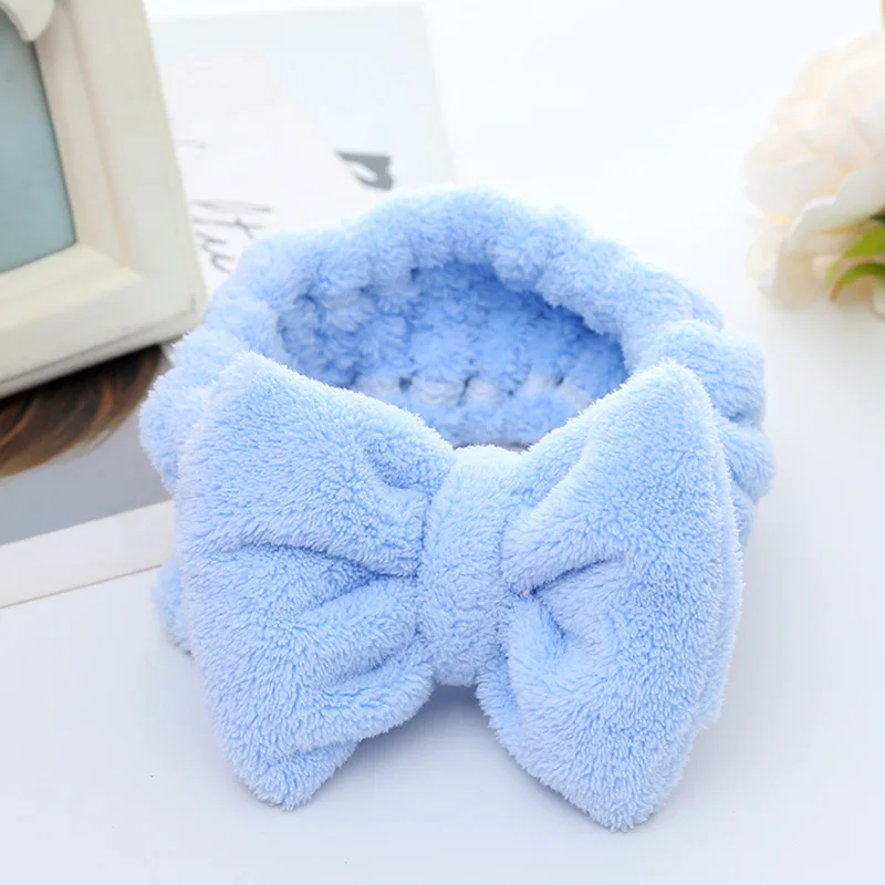 Soft Solid Color Face Makeup Hair Bands for Washing Face Shower Fluffy Coral Fleece Women Bow Facial Spa Headband