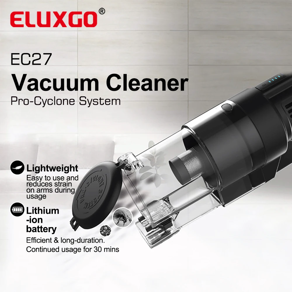 ELUXGO Strong Power  Multifunctional double filtration handheld cordless cyclone Vacuum Cleaner for bed/pet hair clean machine
