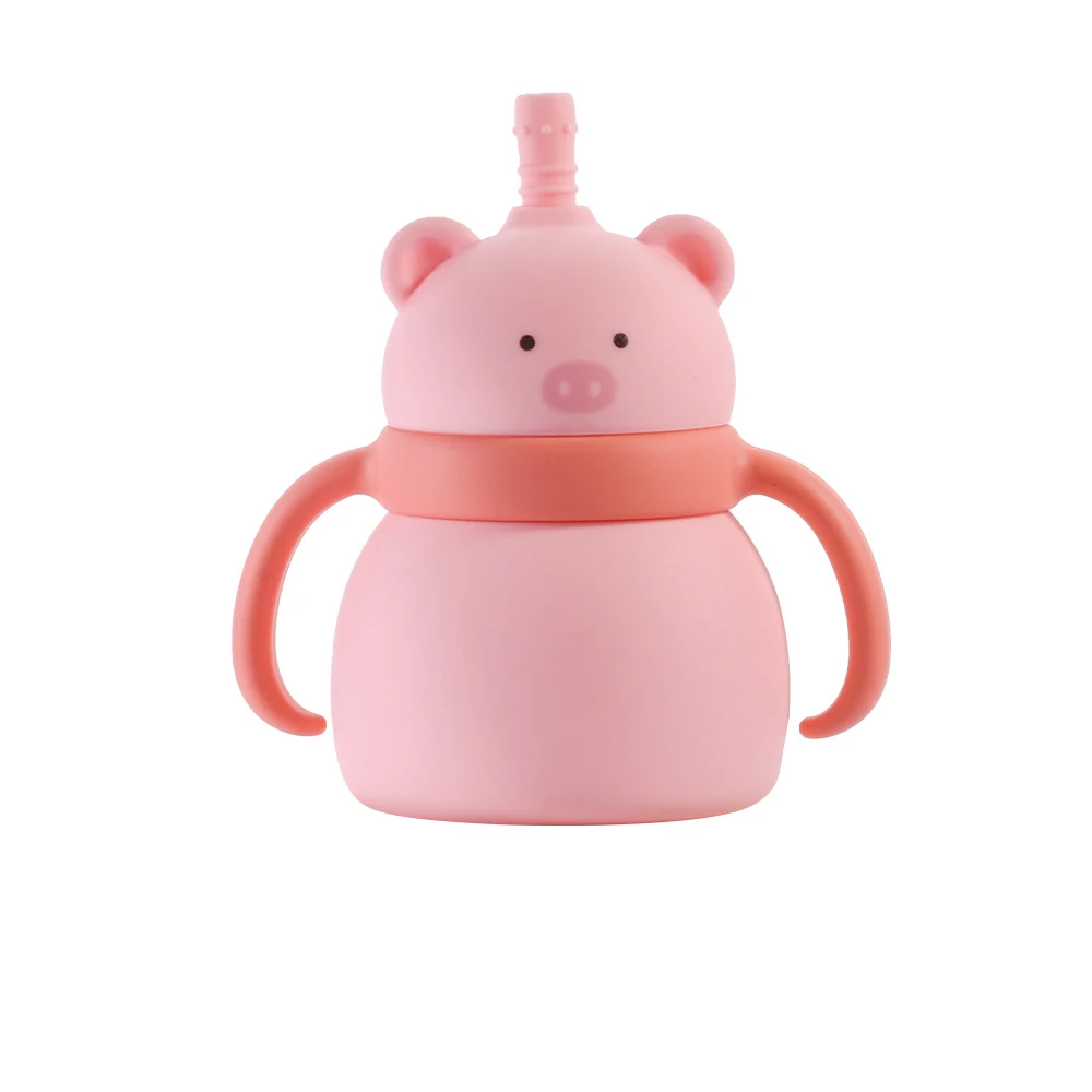 Kids drinking cup travel portable baby feeding drinking double handle grip cup baby silicone animal water straw cups