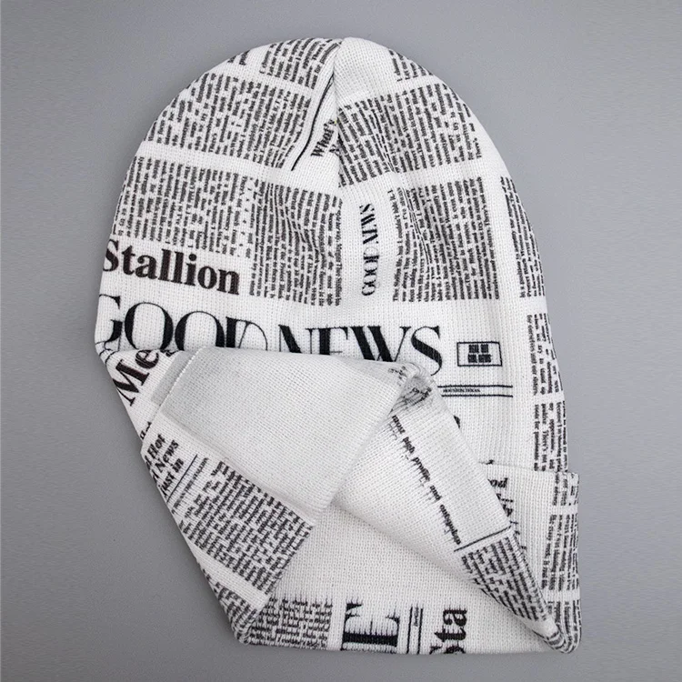 Unisex Street Style Fashion Designer Skull Cap Manufacturer all over print Knitted Letter Fold Up Custom Acrylic Beanie