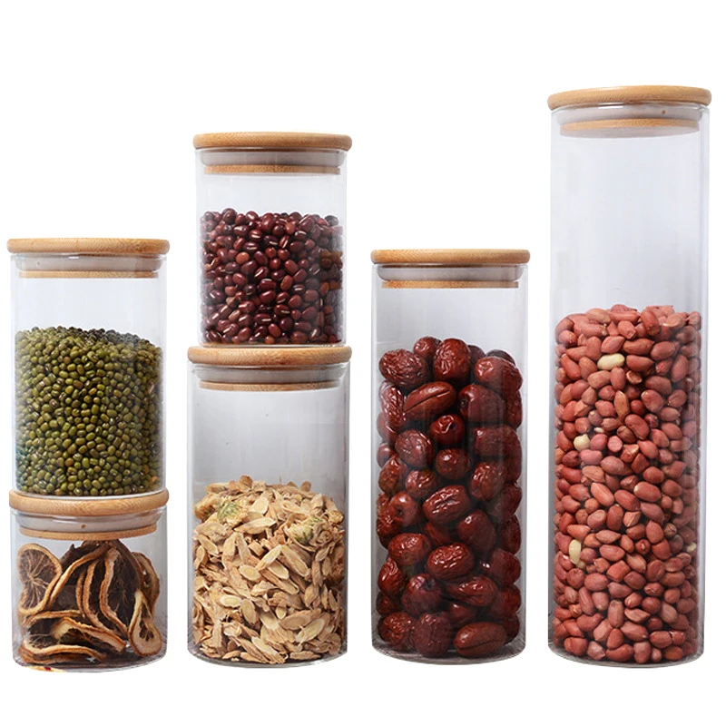 Wholesale Eco-friendly High Borosilicate Food Airtight Kitchen Glass Bottle Spice Storage Container with Bamboo Wooden Lids