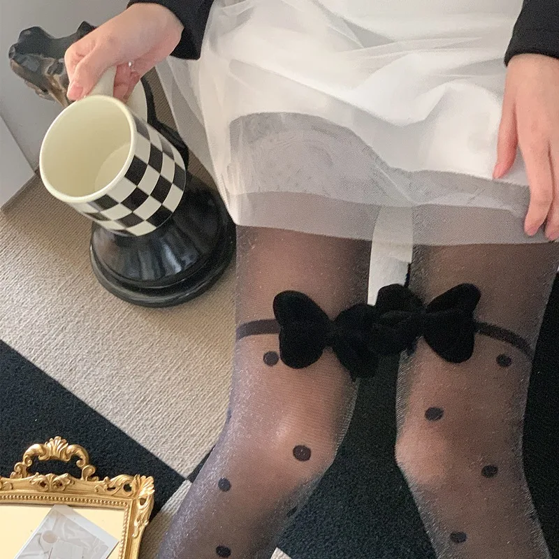 insHot girl pure desire style design black micro-transparent stockings silver onion wave polka dot velvet bow pantyhose