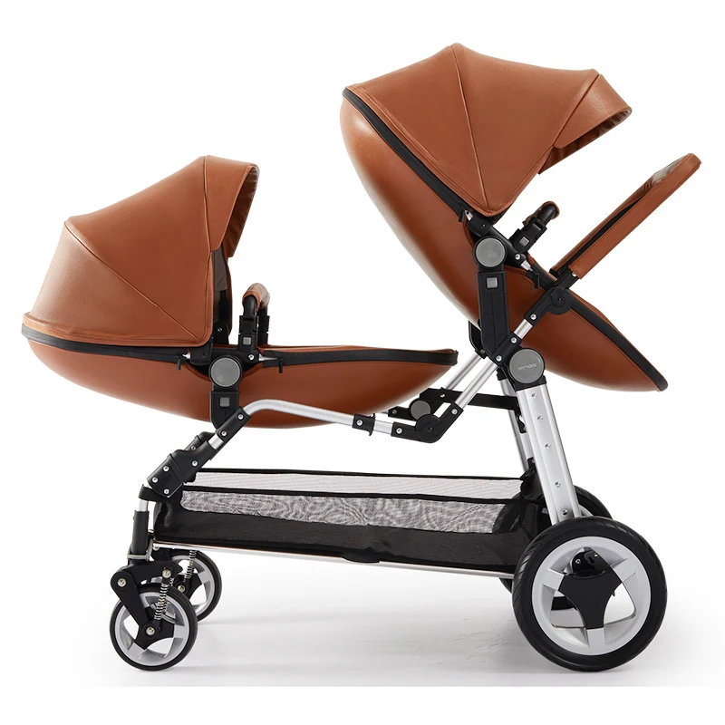 Babyfond Hot Selling PU leather Double Shell Folding Stroller Lightweight luxury Twin Stroller + Seat