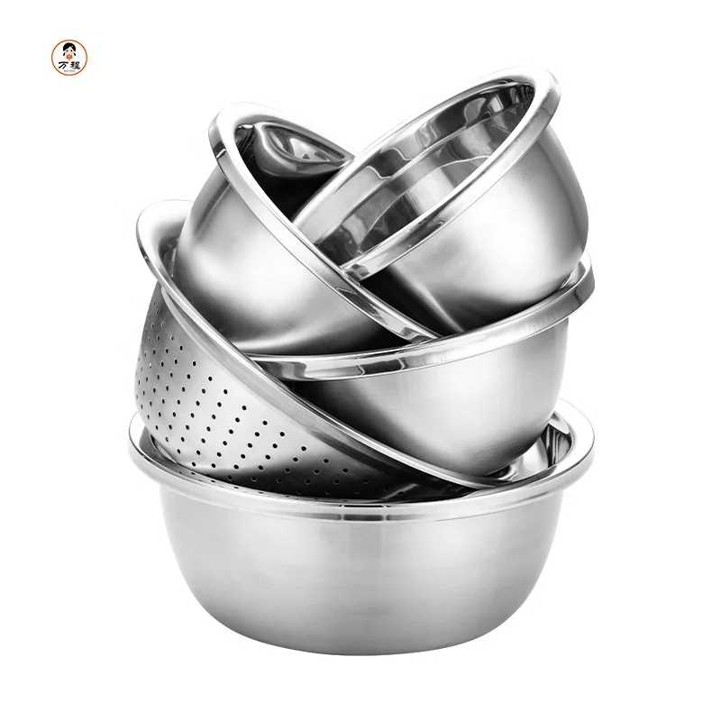 Kitchen Household Five-Piece Bowls Set Stainless Steel Seasoning Basin Set Vegetables Rice Washing Basin With Filter