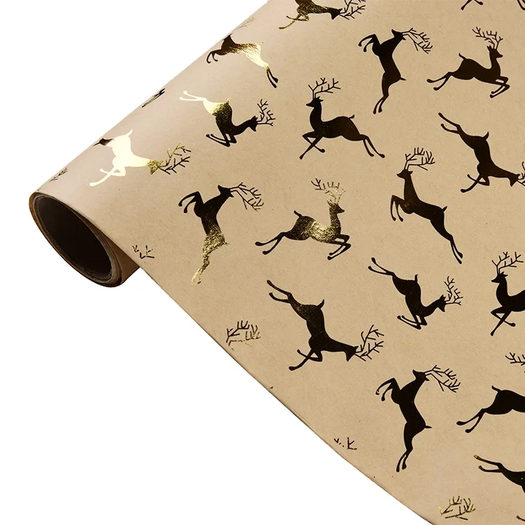 
48pcs/ctn New hot stamping Craft Paper Gold Reindeer Brown Kraft Gift Wrapping Paper Roll for Christmas 