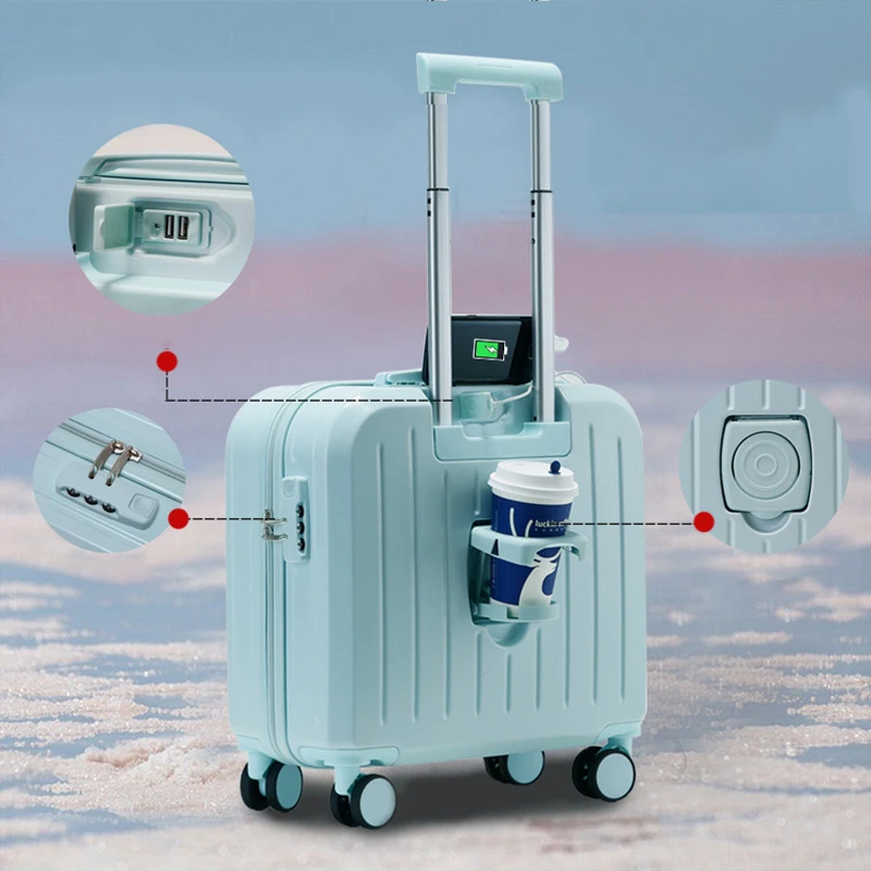 18/20 Inch Suitcase with Wheel Spinner Multifunctional Travel Suitcase Student Trolley Case Rolling Luggage Bag with Cup Holder