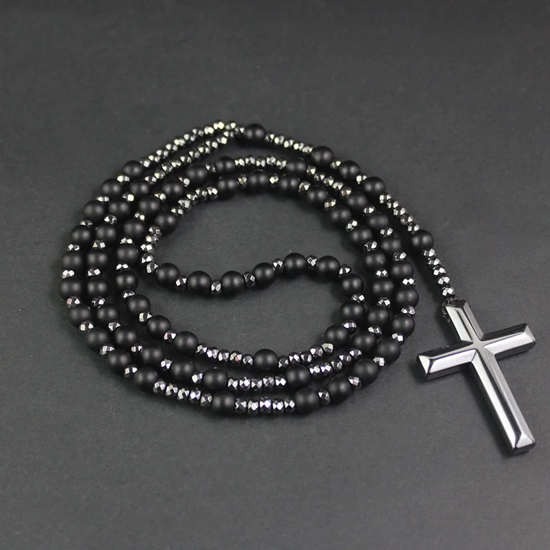 SEPT New Hematite Cross Pendant Necklaces Natural Stone Black Matte Agate Round Beads Necklace For Men