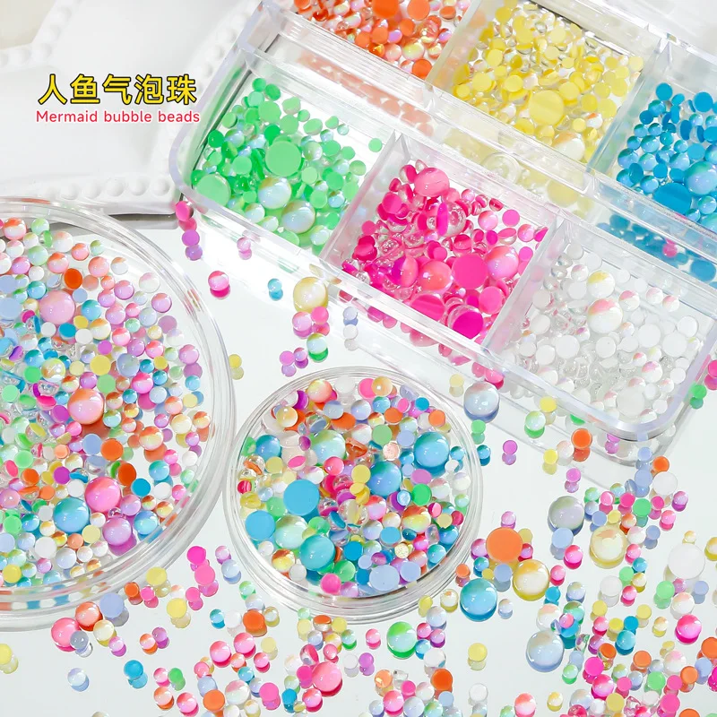 Bubble bead nail art accessory diamond set macaron pink colorful mermaid beads trendy flat aurora small diamonds