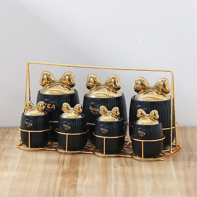 Modern Luxury 7PCS Pink Blue Ceramic Airtight Caniset Set Kitchen Sugar Coffee Spice Storage Jar with Golden Rack