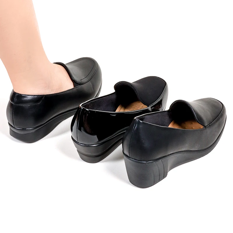 2023 Comfortable Women Round Toe Wedge Heel Pumps Arch Support Solid Black Platform Wedge Hotel Formal Dress Ladies Office Shoes