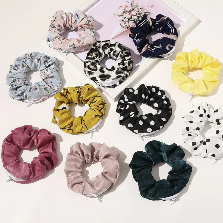 Custom print scrunchies with zipper logo elastic hair band women elegant silk satin scrunchies with pocket