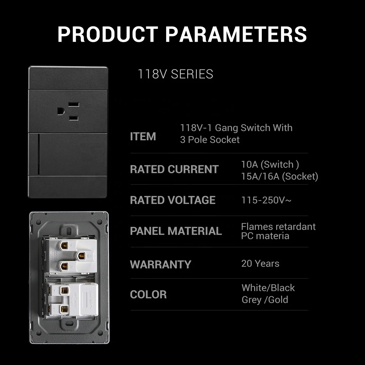 New Design 1 Gang Switch with 3 Pole Socket 6.5mm Ultra Thickness Flame Retardant Black Panel Material Wall Socket