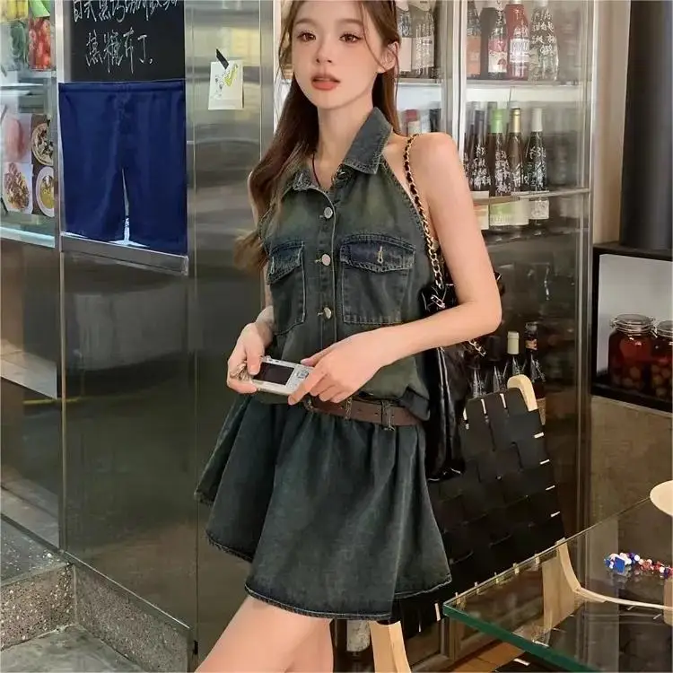 OEM Casual Solid Turn Down Collar Sleeveless Button Dresses Summer Mini Cotton Denim Flare T-Shirt Dress Women Sexy With Pockets