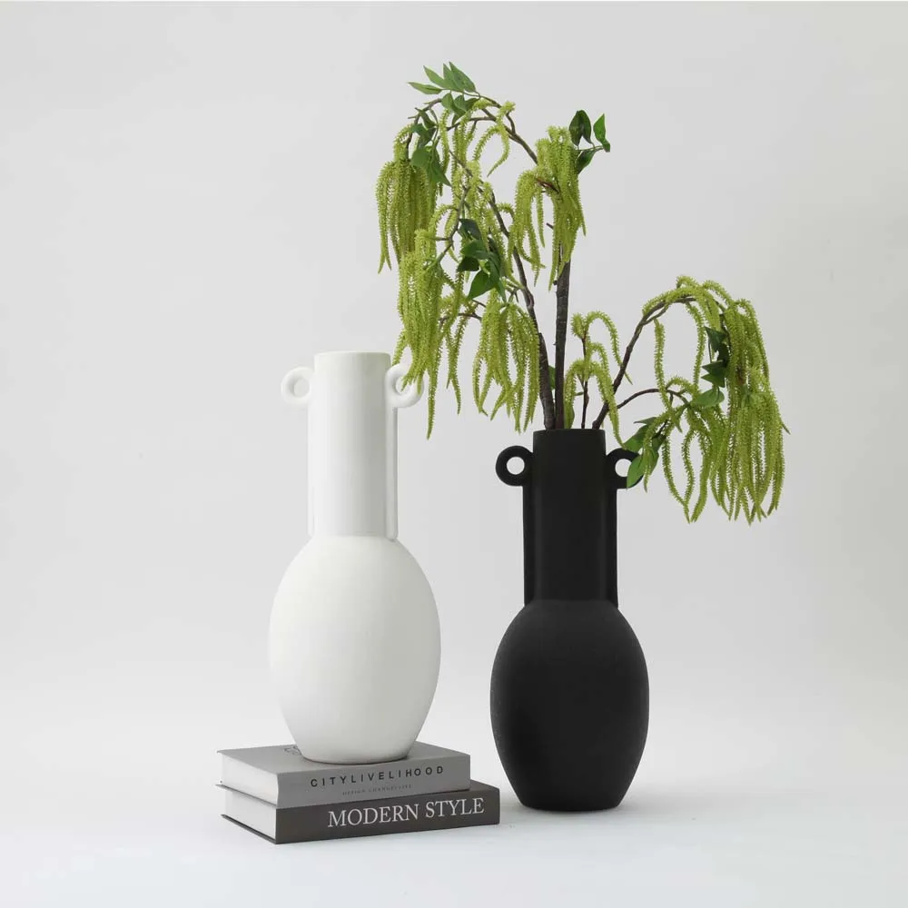 Minimalist Modern matte porcelain black ceramic two side amphora vase for home decor