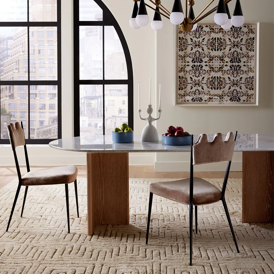 Jonathan adler BRUSSELS T-BASE  oak base dining table with capsule oval shaped white marble top for 6 to 8 seats dining table