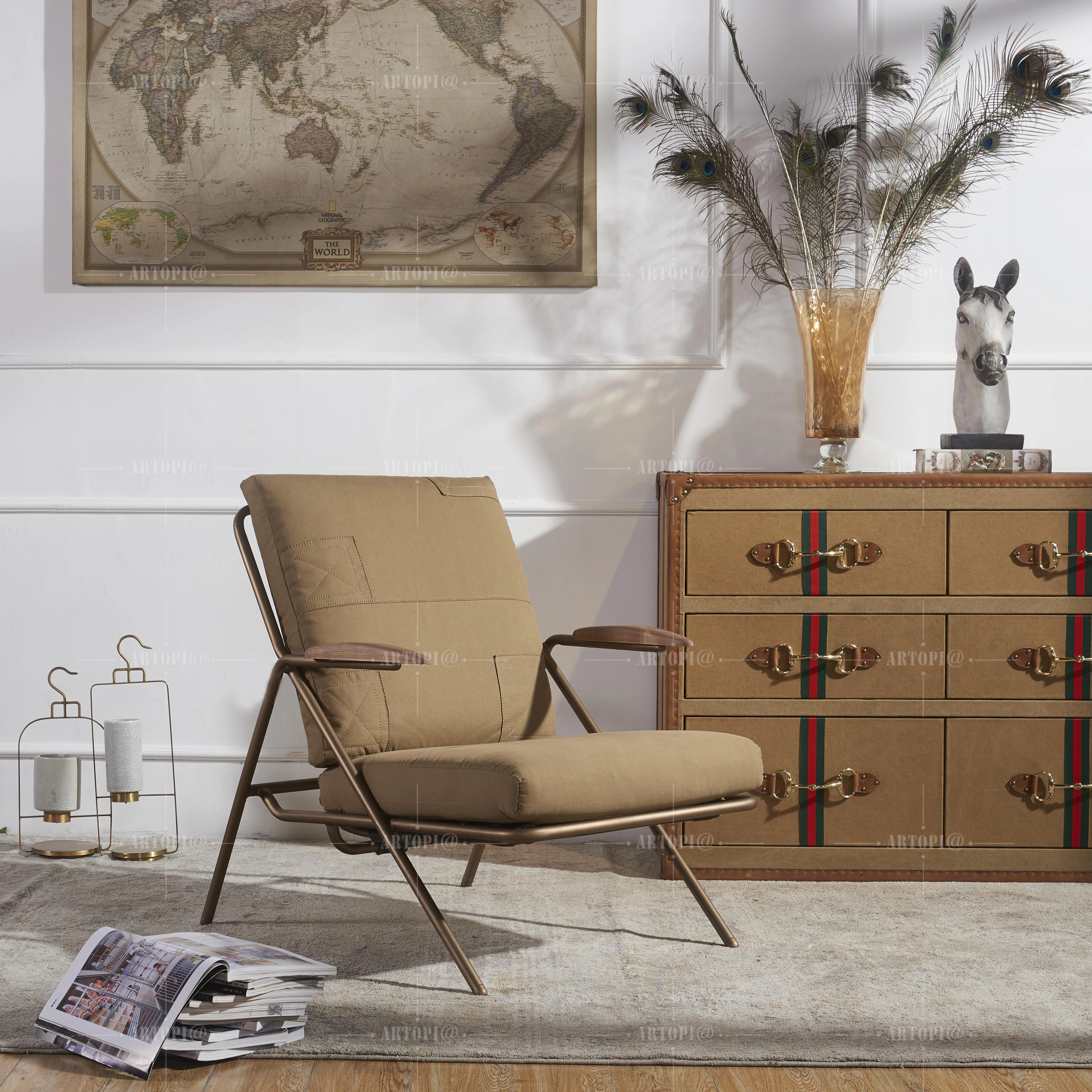 Antique furniture  leisure chair living room armchair canvas leather armchair