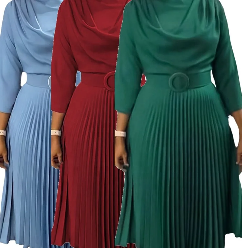 MQ096 Latest Design Autumn Dress Fashion Plus Size Solid Color Pleated Dresses Women Lady Elegant African Dress With Belt