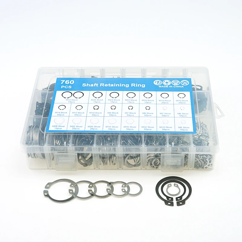 760pcs Stainless Steel Black  DIN6799 Retaining Ring / Circlip C-shaped circlip shaft stop set