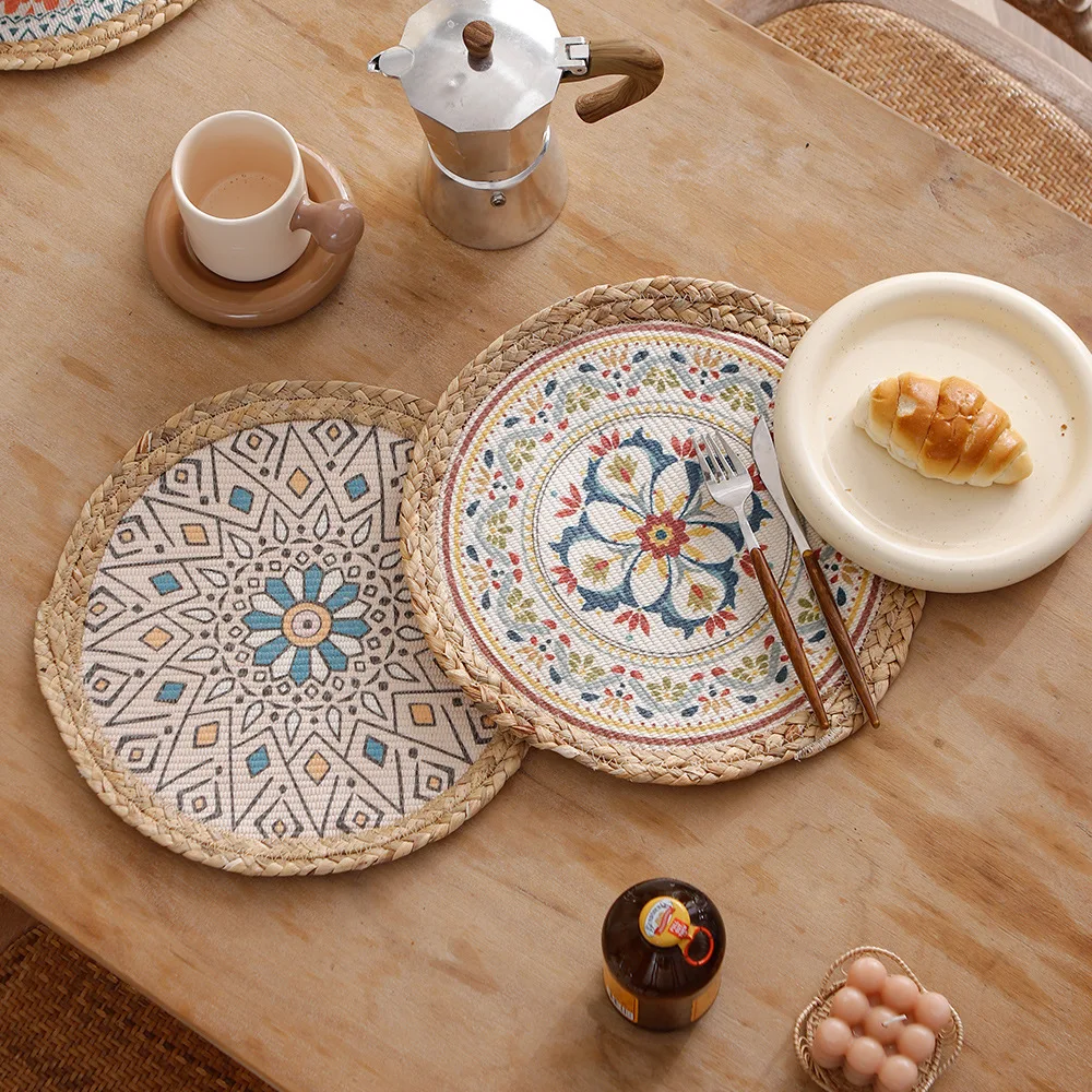 Handmade Natural Braided Tabletop Round Heat Insulation Cotton Rope Tablemat Outdoor Luxury Water Hyacinth Placemat Table Mat