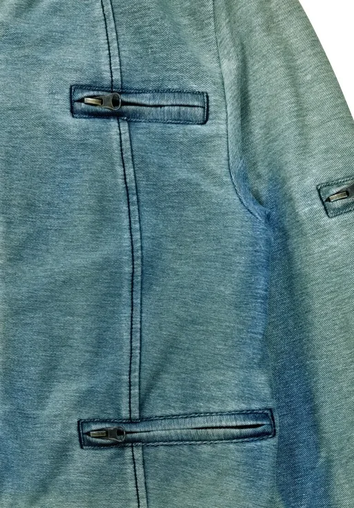 ladies knit denim washed collarless center front zipper chest besom bottom besom sleeve cuff sleeve cap zipped pockets jacket