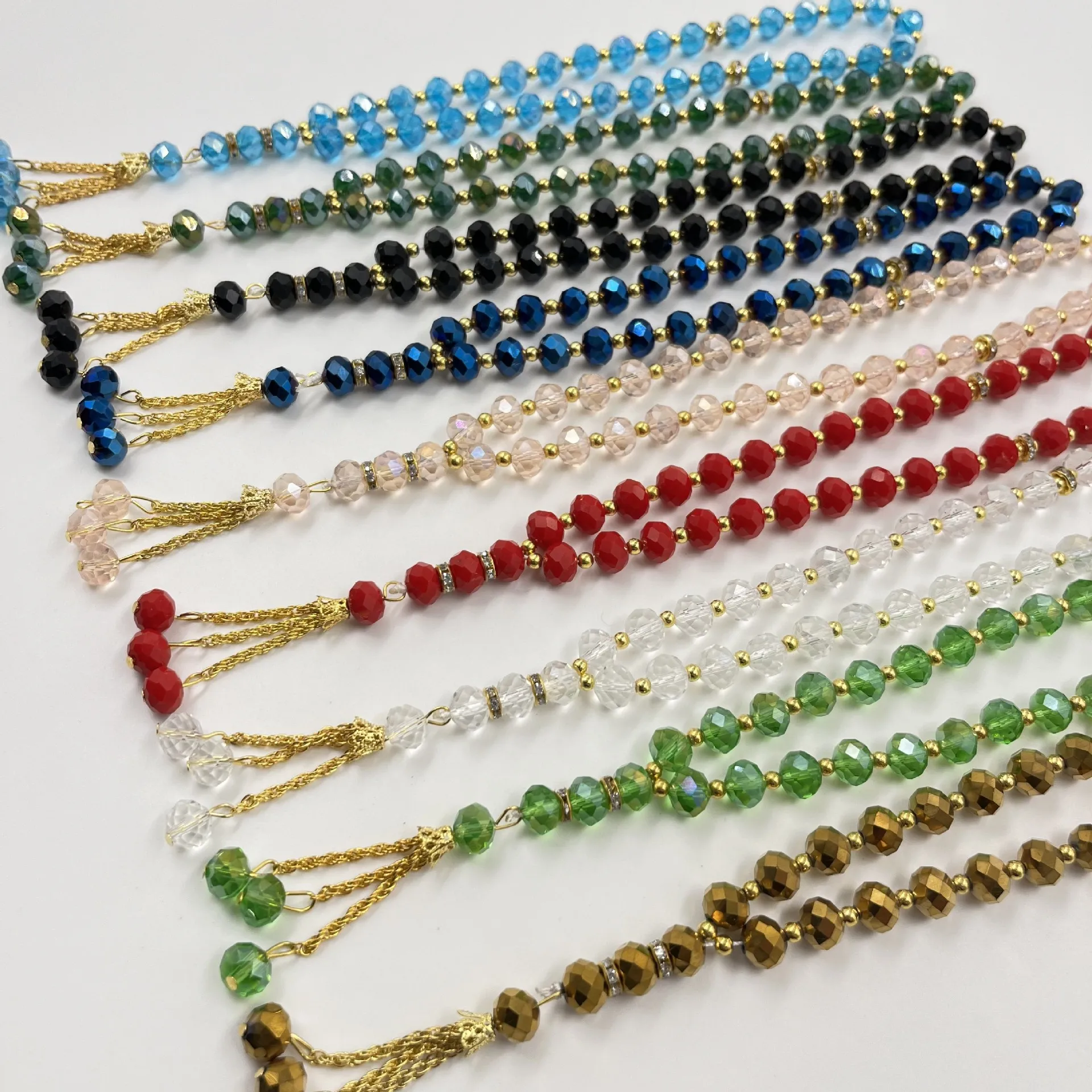 Hot Sell 33 Pieces Crystal  Muslim Prayer Kurdistan Tasbih Prayer Glass Pearl Beads Islamic Tassel Pendant Muslim Bracelets