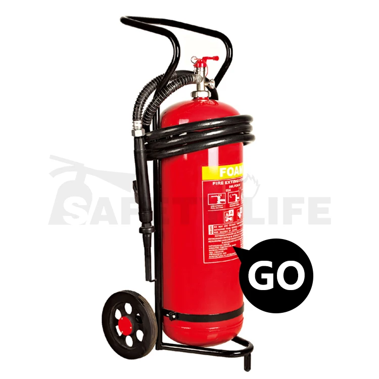 Safety Life wheeled trolley carbon steel with chromed CE valve abc 50kg dry powder fire extinguisher