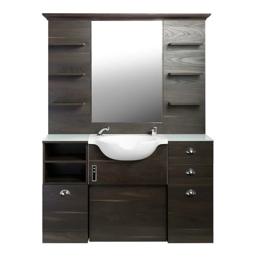 Classic Wood Salon barber furniture storage backwash basins washing shampoo bowl cabinets station with mirror