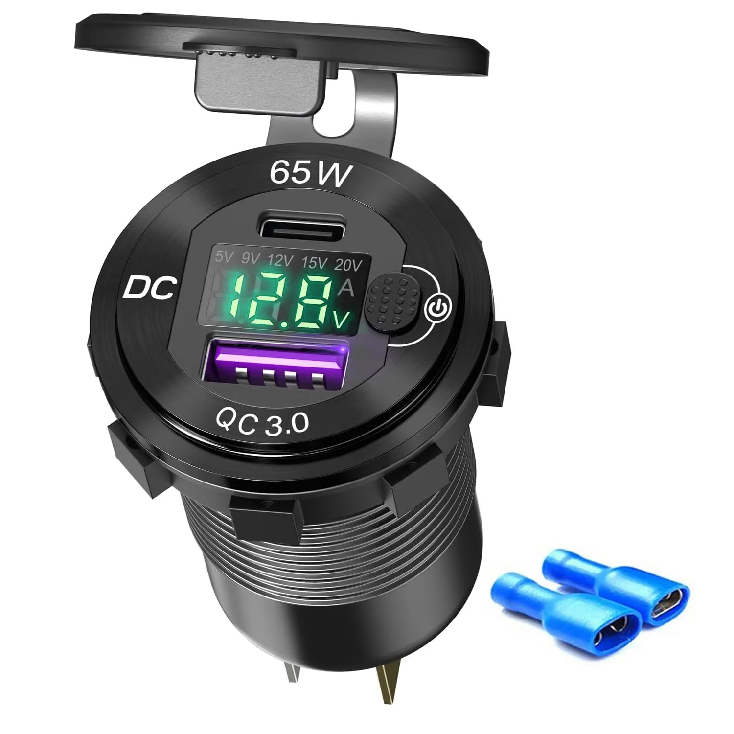65W PD3.0+ QC3.0 Car USB Port Aluminum Socket with Button Switch Smart Voltmeter and ammeter