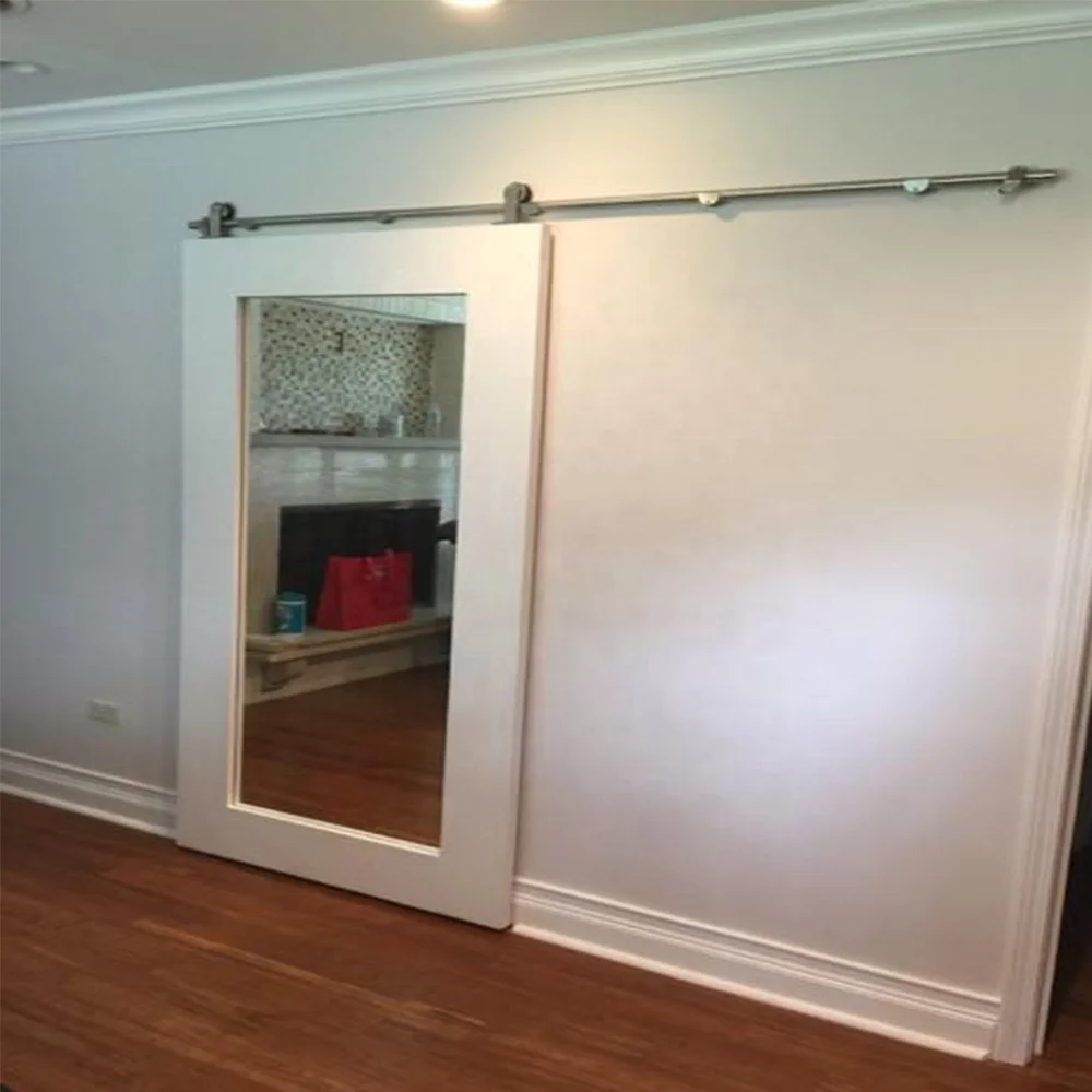 Elegant Mirror Wood Door Grey Painted Interior Bedroom Sliding Mirrored Barn Door With Hardware