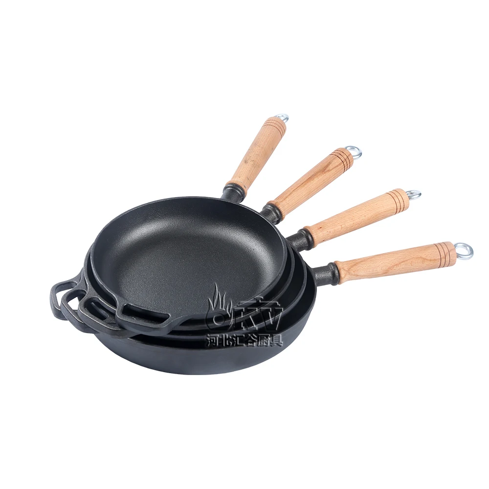 Removable Wooden Handle Skillet Cast Iron Frying Pan Pre Seasoned Round Nonstick Cooking Pot