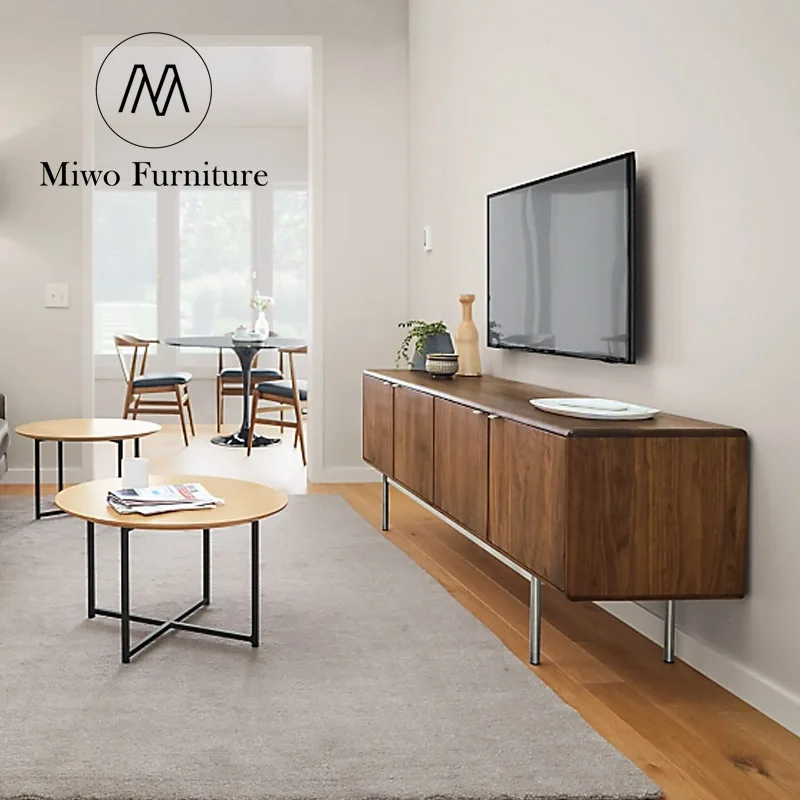 modern nordic TV Cabinet Walnut color solid wood Metal tripod  Designs Living Room Media Console rectangle TV Stand  Custom