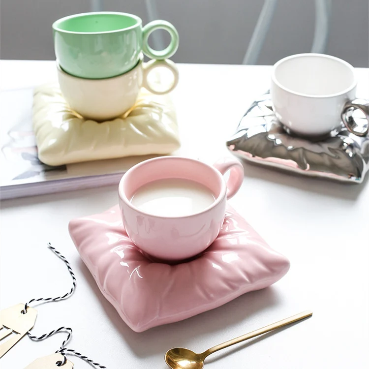 Unique Novelty Pillow Ceramic Mug With Saucer Milk Mugs Ceramics
