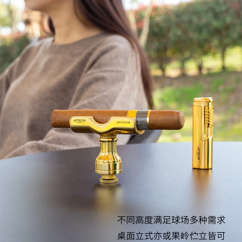 JIFENG JF-GEF002 304 stainless steel  brass metal multi-functional climber stick golf cigar holder with punch, lighter, tube