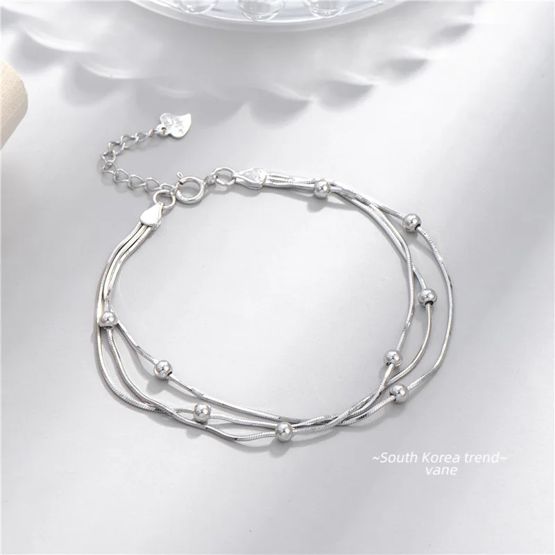 S925 Silver Layered Thin Snake Chain Bracelet White Gold Plated Beaded Chain 925 Sterling Silver Bracelet Jewelry