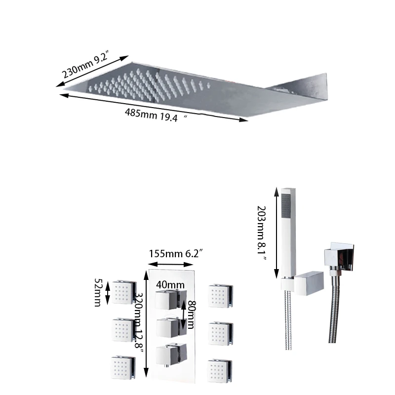 3 Way gerber Shower Faucet Set Bar Shape Bath Rainfall Shower Head And Control Valve With 6 Spout Shower System Set